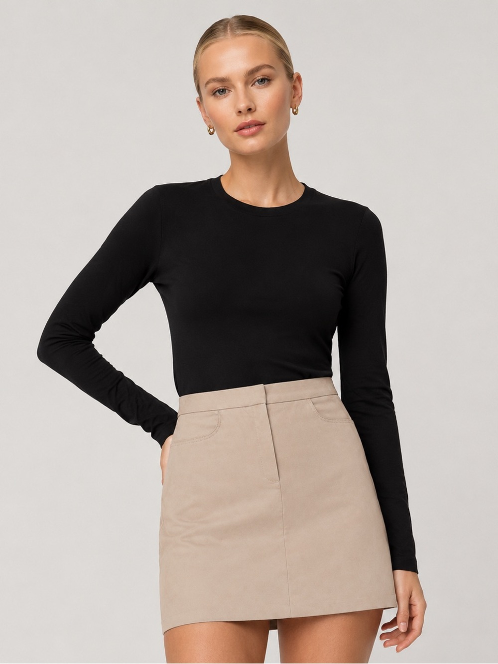 ’S Max Mara Made in Italy Taupe Mini Skirt Size 10 Designer A-Line Pocket Detail
